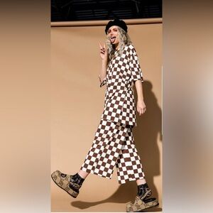 Dressed in Lala - Lex Ribbed Checkerboard Playsuit in Cookie Dough - Large